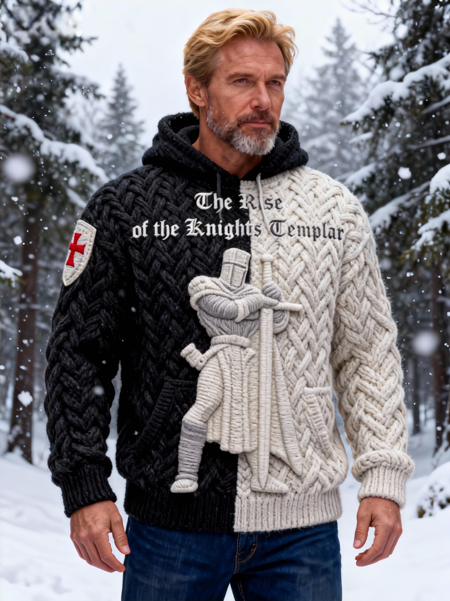 Men's "The Rise of the Knights Templar" Knight Color Block Cable Knit Hooded Sweater