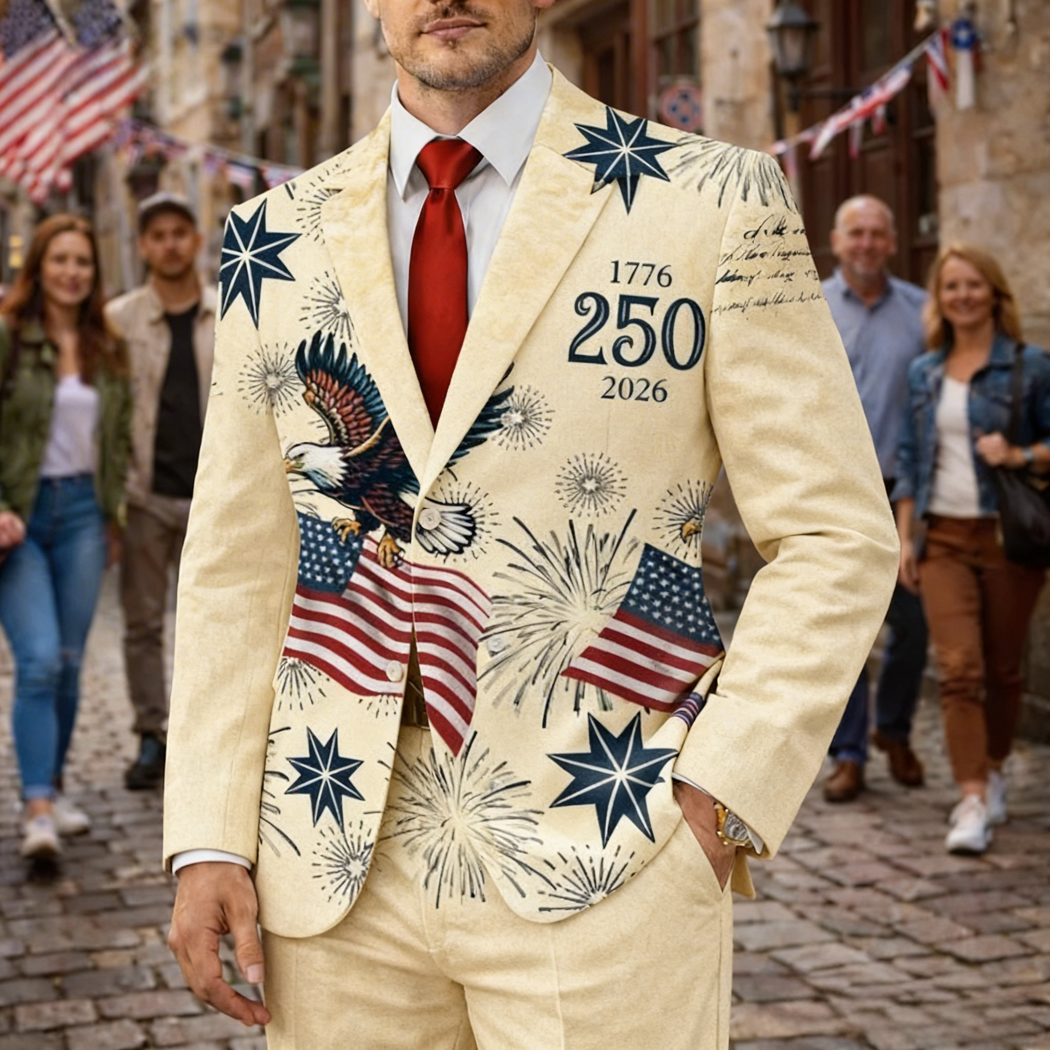 Men's 1776-2026 250th Vintage Firework & Map Blazer Suit 