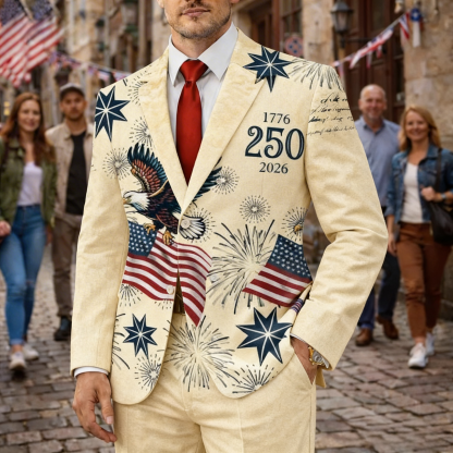 Men's 1776-2026 250th Vintage Firework & Map Blazer Suit 