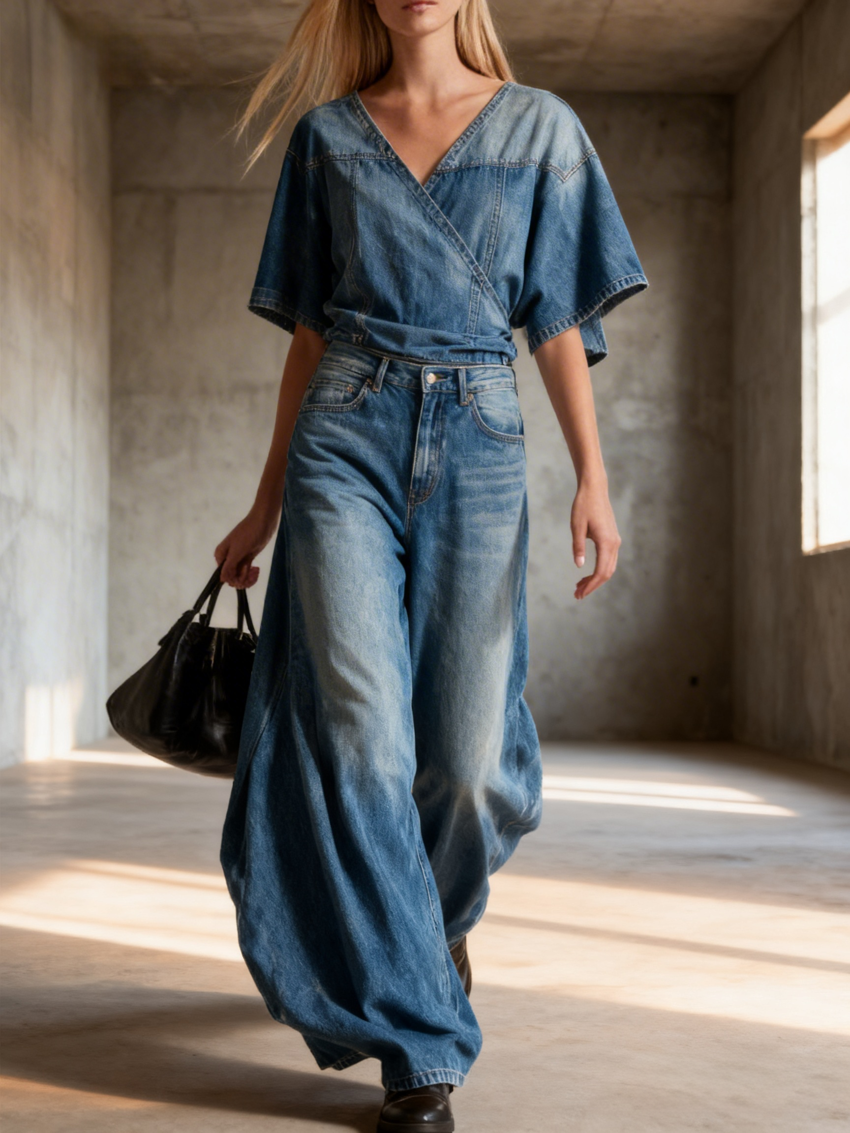 Wrap Front Denim Top + High Waist Wide Leg Denim Pants Set