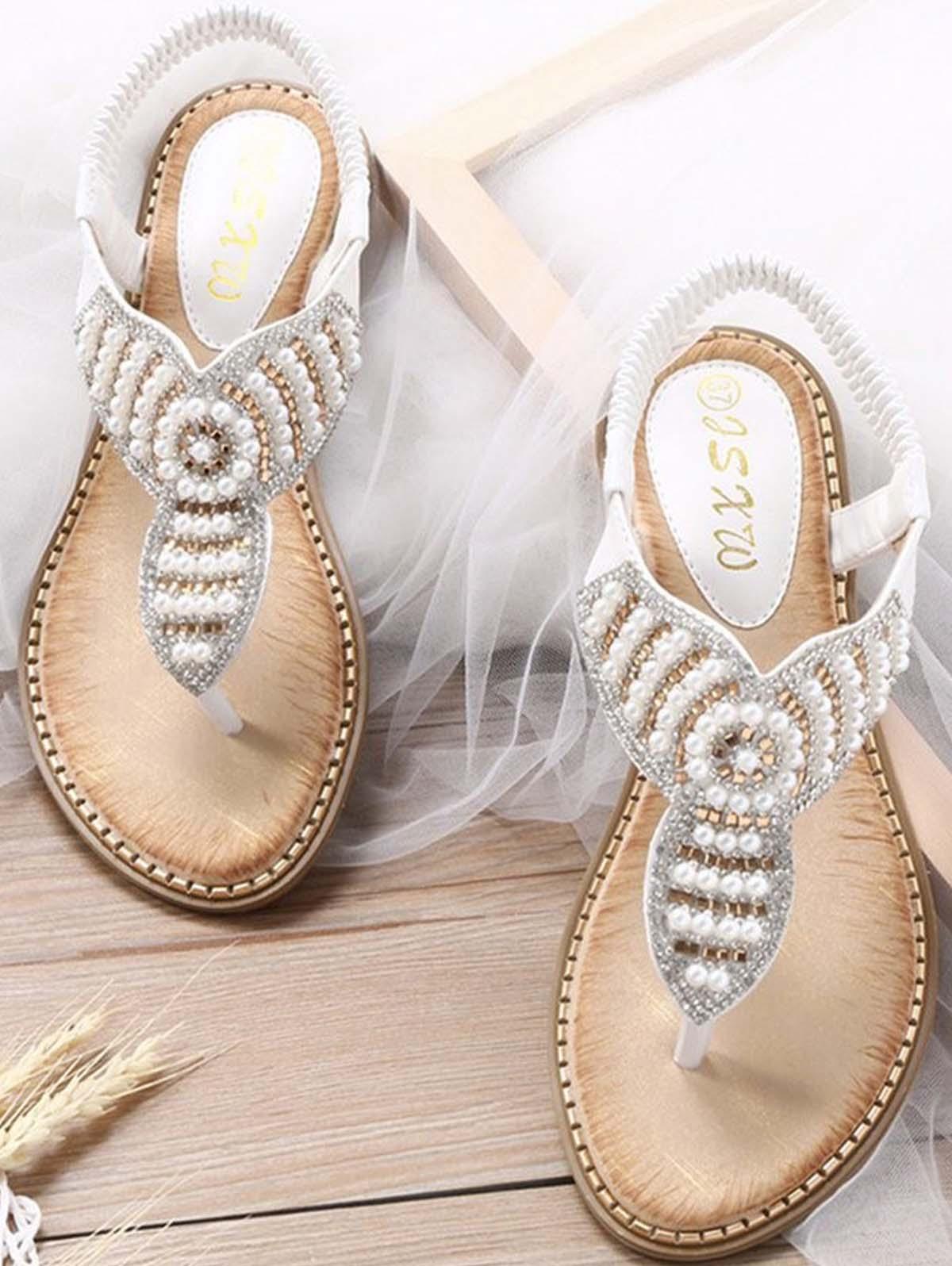 Rhinestone Beaded Boho Thong Sandals