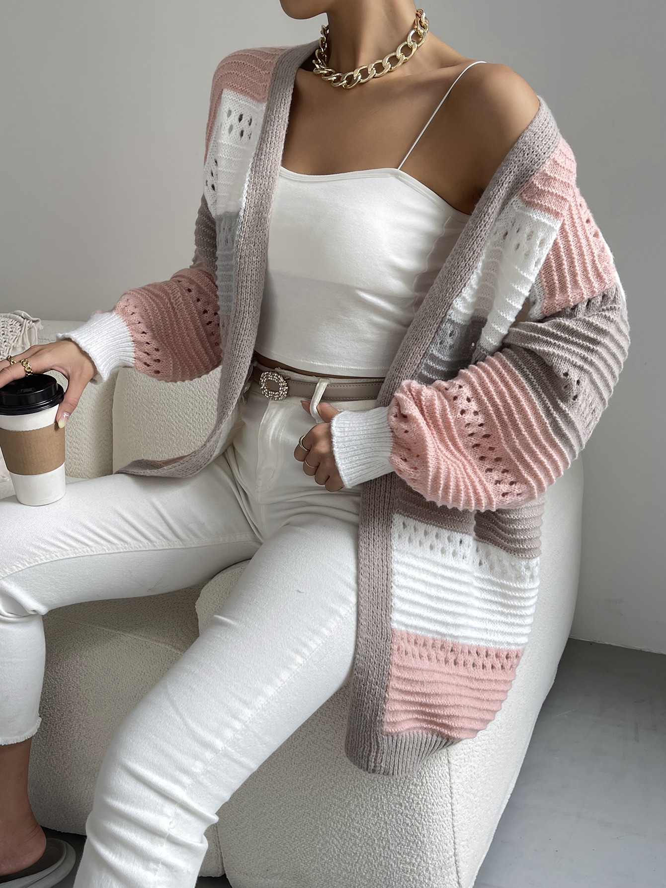 Color Block Drop Shoulder Pointelle Knit Duster Cardigan