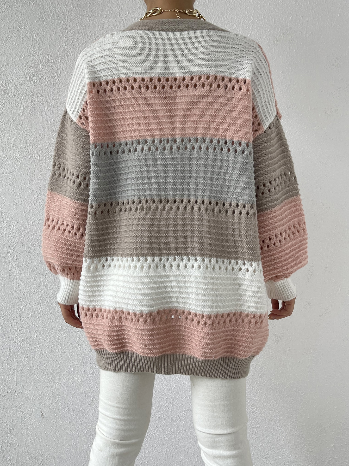 Color Block Drop Shoulder Pointelle Knit Duster Cardigan