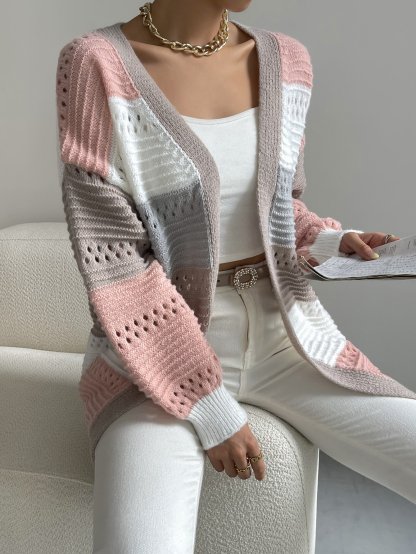 Color Block Drop Shoulder Pointelle Knit Duster Cardigan