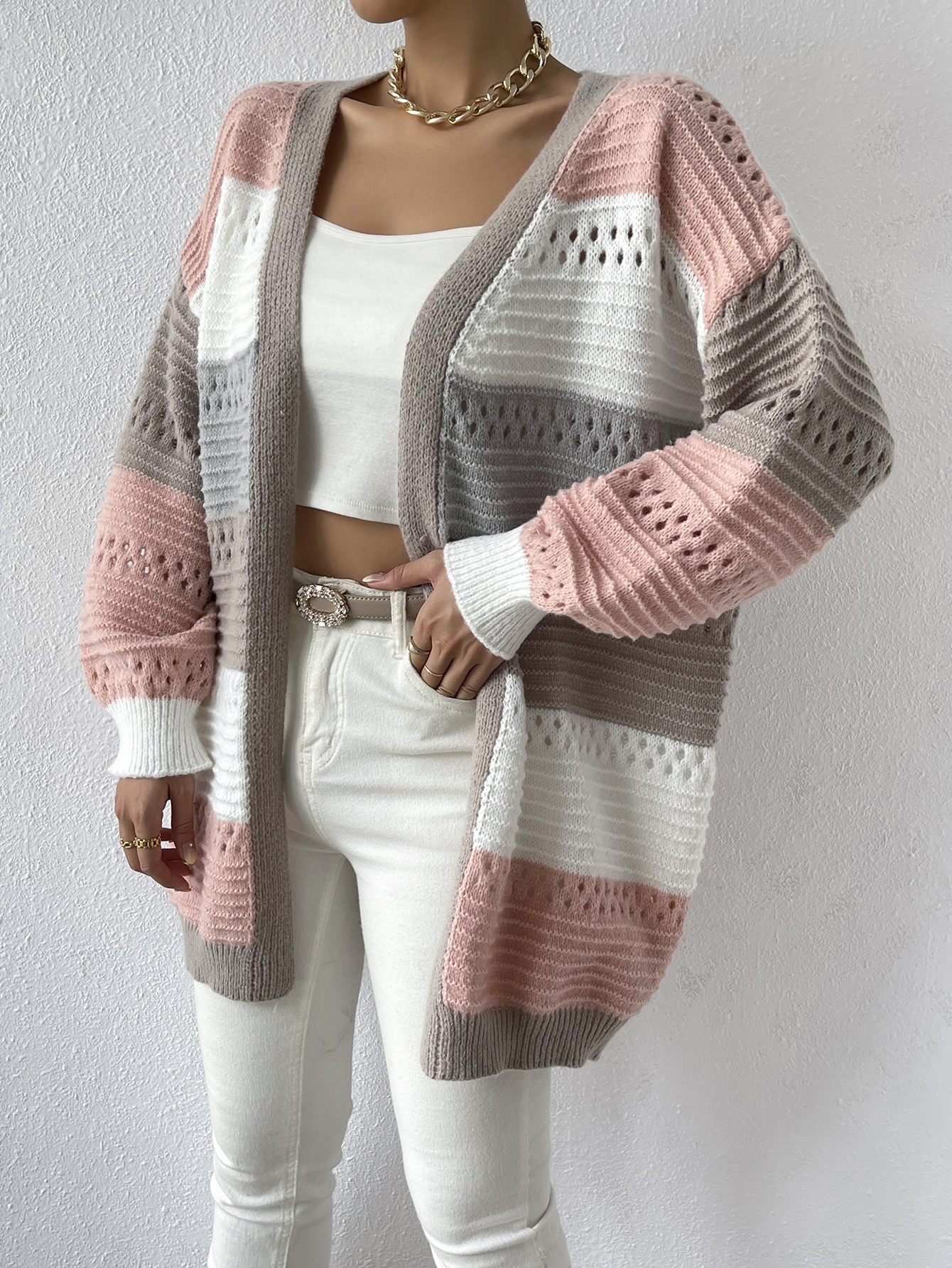 Color Block Drop Shoulder Pointelle Knit Duster Cardigan