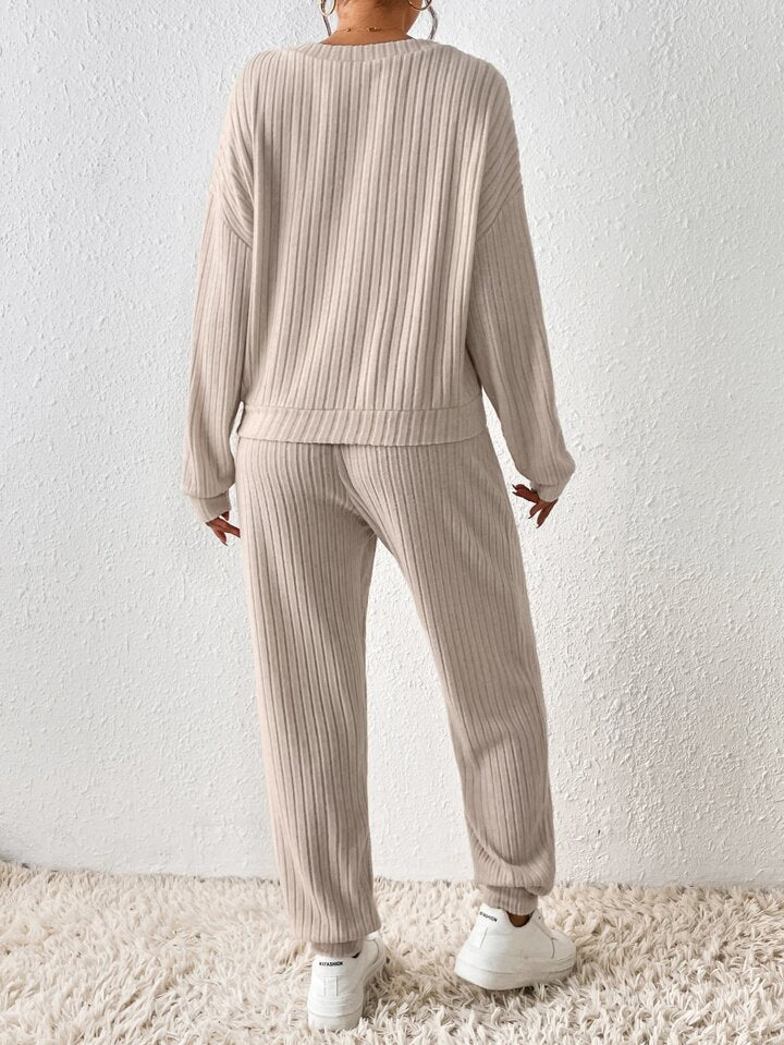 Khaki V-Neck Plain Two Piece Set