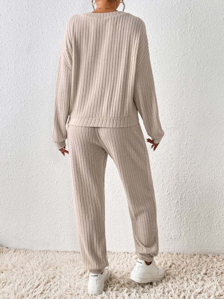 Khaki V-Neck Plain Two Piece Set