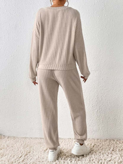 Khaki V-Neck Plain Two Piece Set