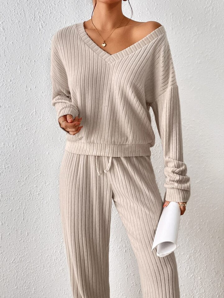 Khaki V-Neck Plain Two Piece Set