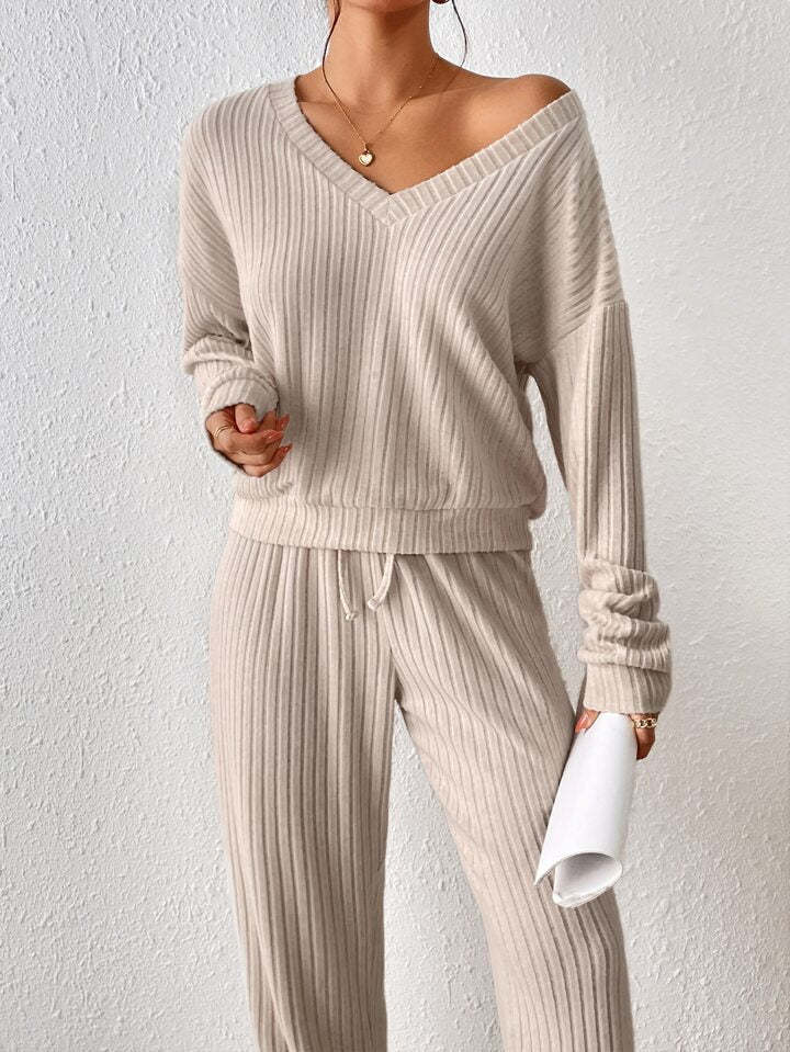 Khaki V-Neck Plain Two Piece Set