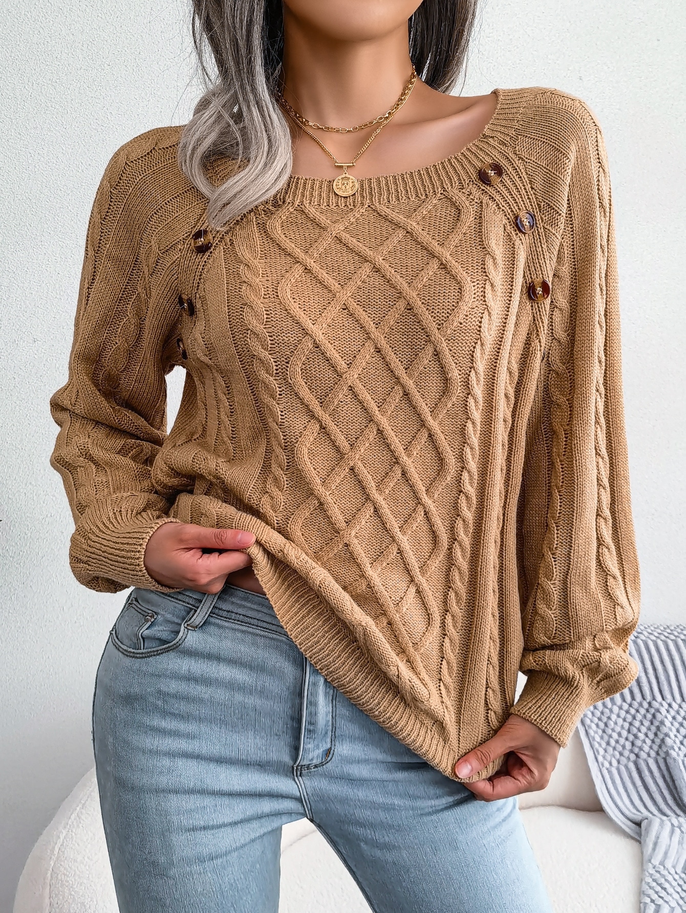Cable Knit Button Detail Sweater
