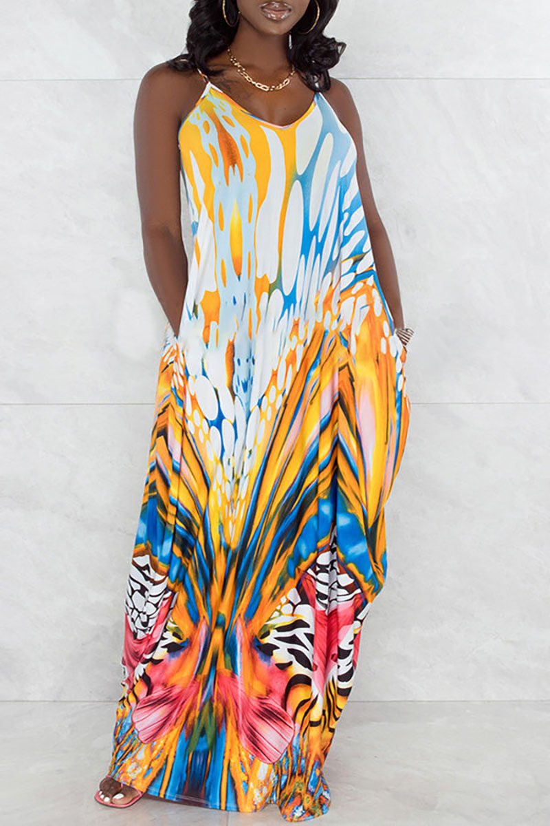 Plus Size Yellow Vacation Pattern Print Camisole Maxi Dresses [Pre-Ord