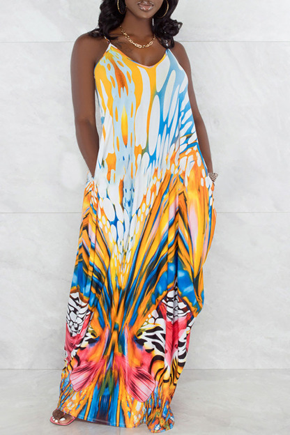 Plus Size Yellow Vacation Pattern Print Camisole Maxi Dresses [Pre-Order]