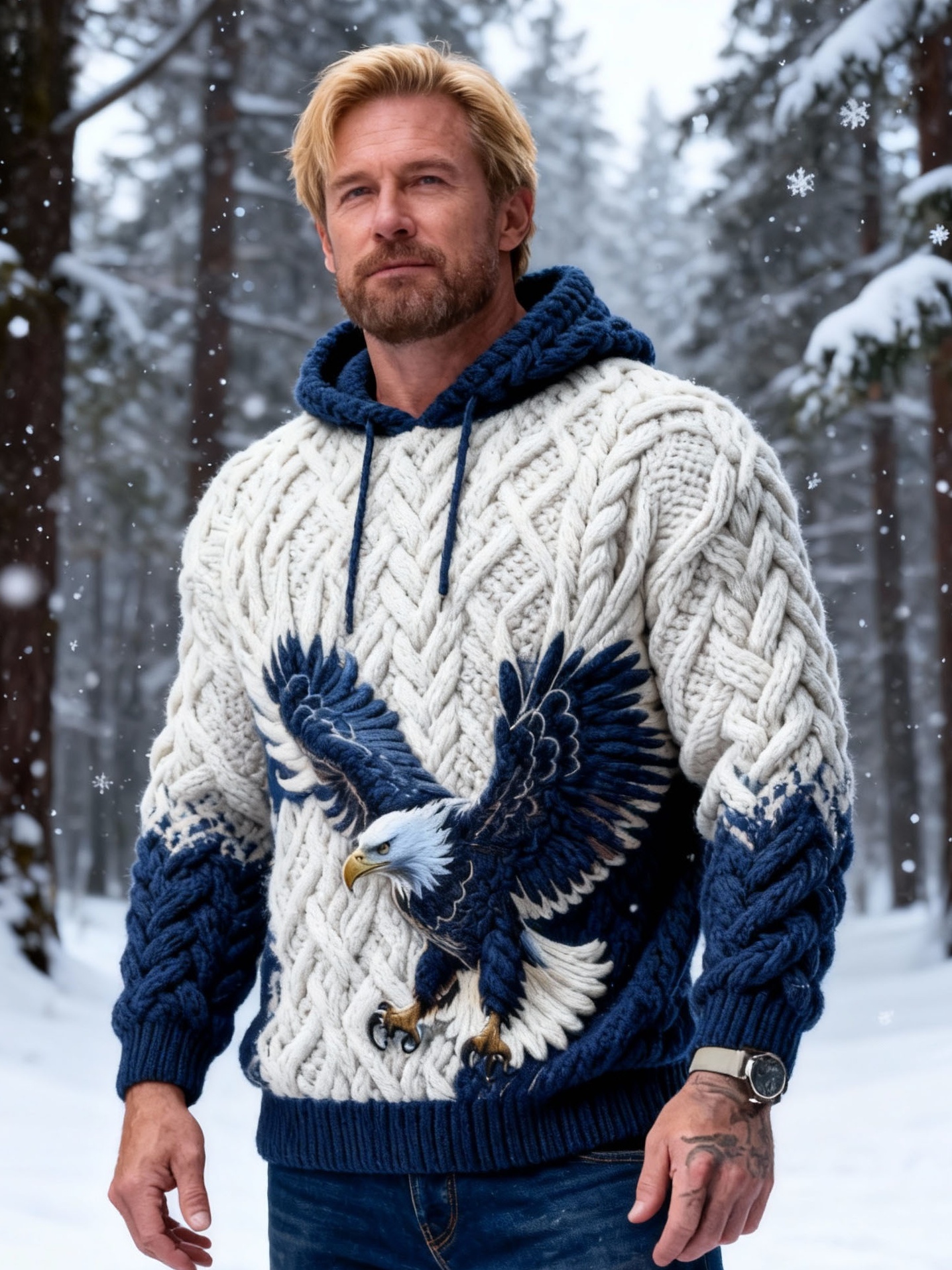 Men's Blue and White Eagle Color Block Chunky Knit Hooded Sweater