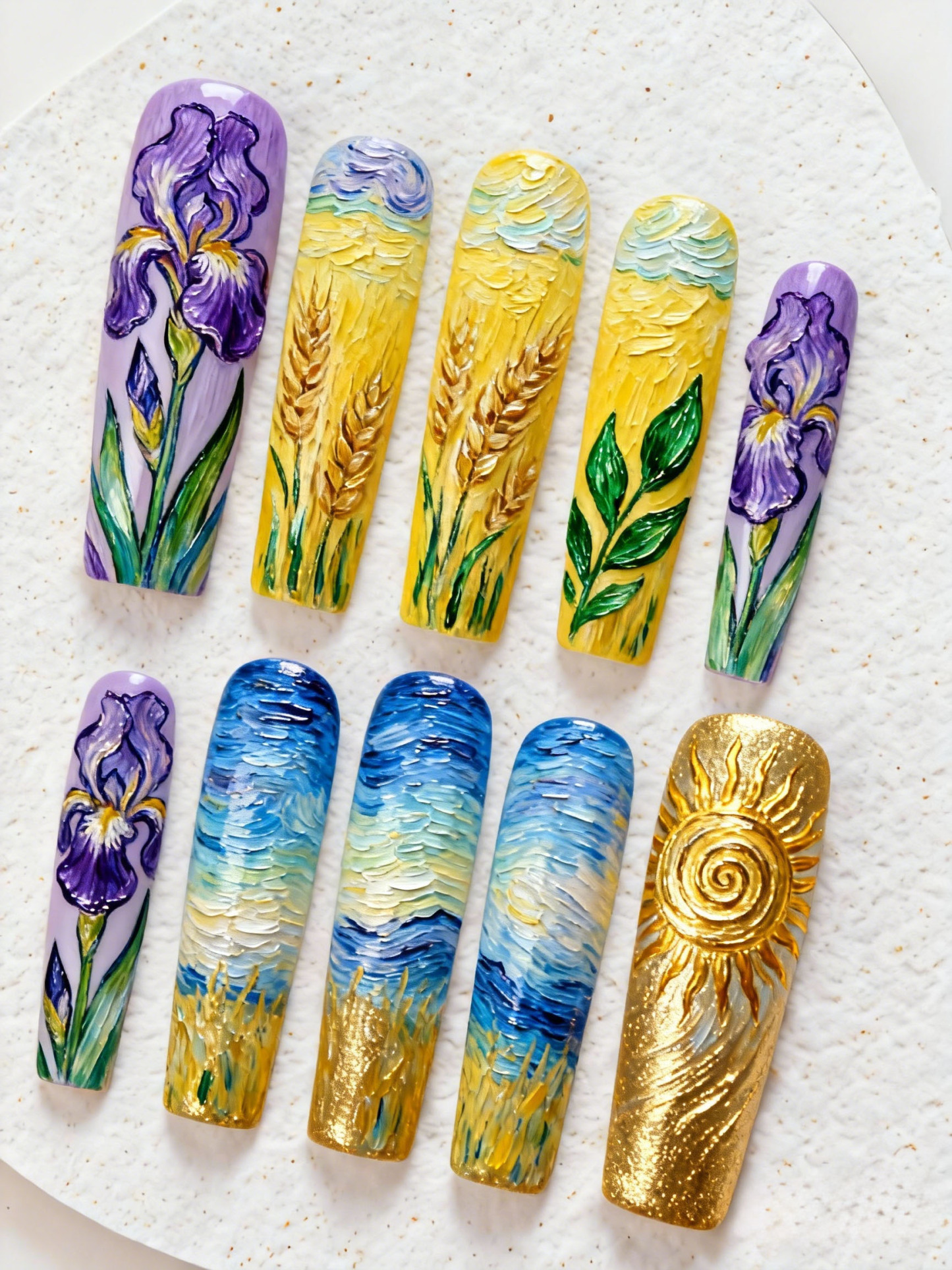 10-piece set of Van Gogh Iris & Wheat Field Starry Night Art Medium-length Press-type Nail Stickers