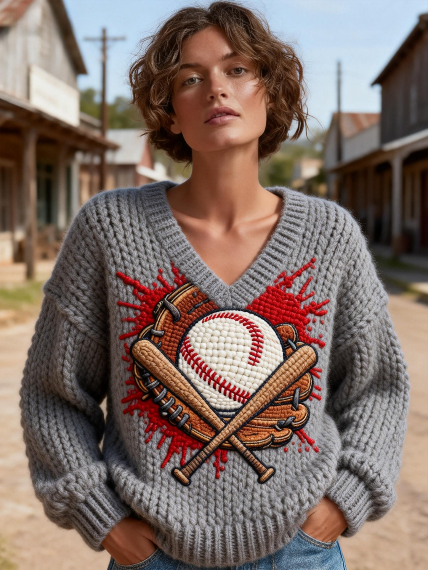 Women's Baseball Bat & Glove Embroidered Chunky Knit Baseball Sweater