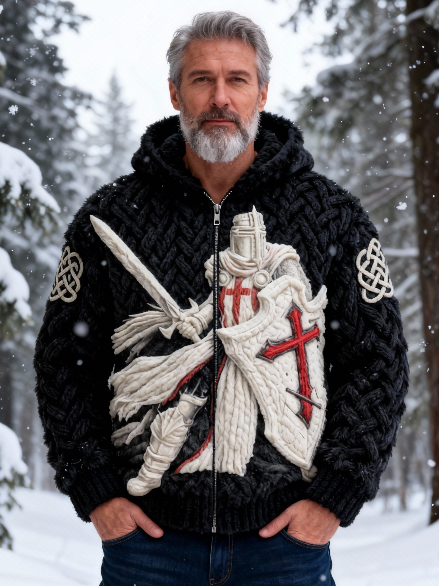Men's Templar Knight White Crusader Zip Hooded Sweater