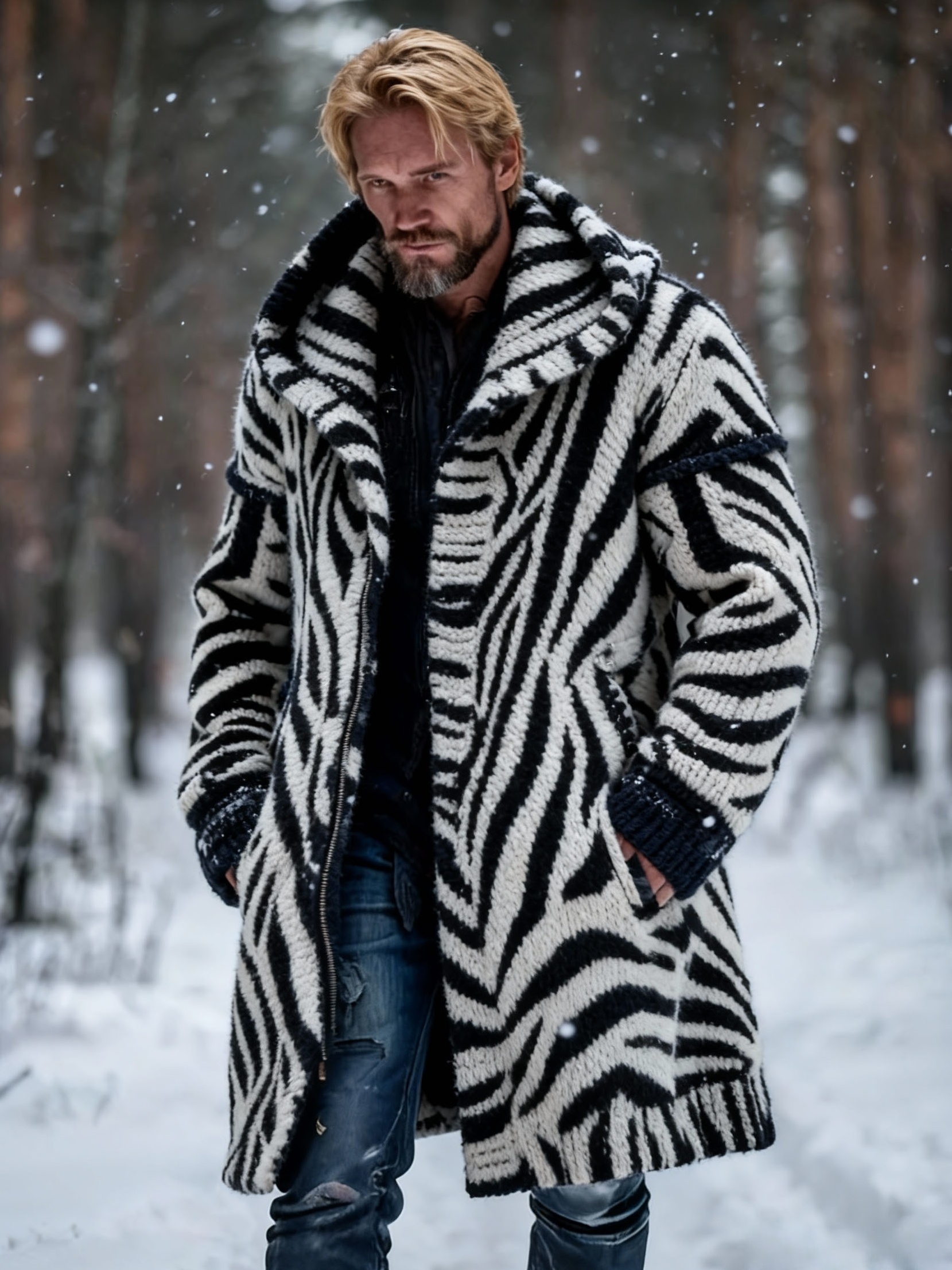 Men's Zebra Stripe Chunky Knit Long Hooded Sweater Coat