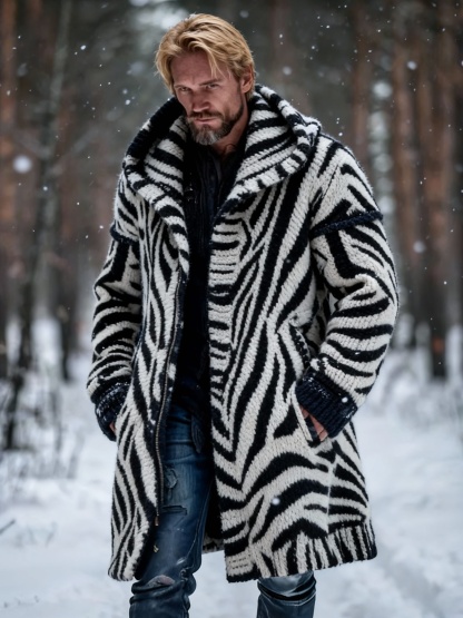 Men's Zebra Stripe Chunky Knit Long Hooded Sweater Coat