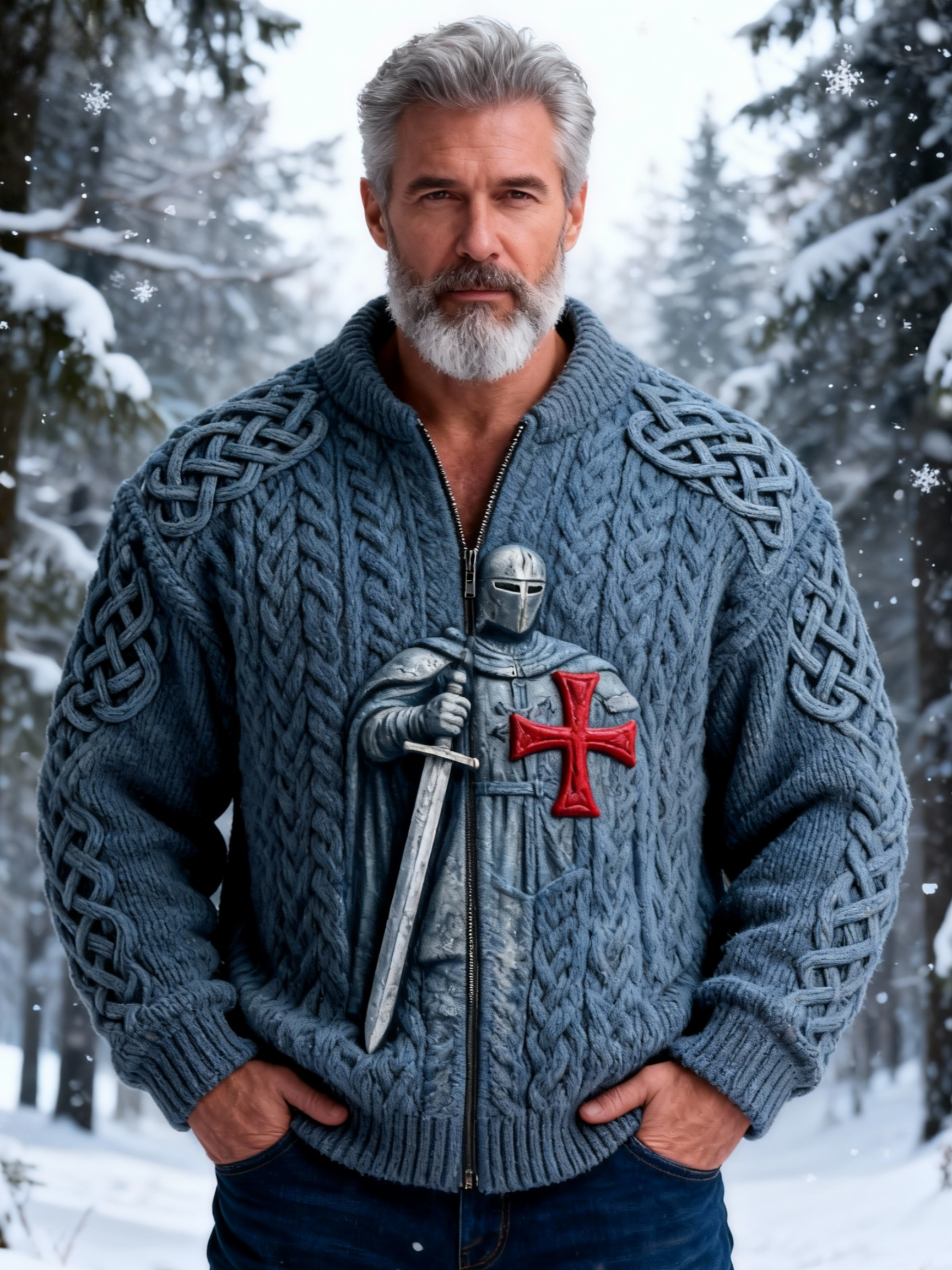 Men's Cable Knit Templar Knight Crusader Zip Sweater Jacket