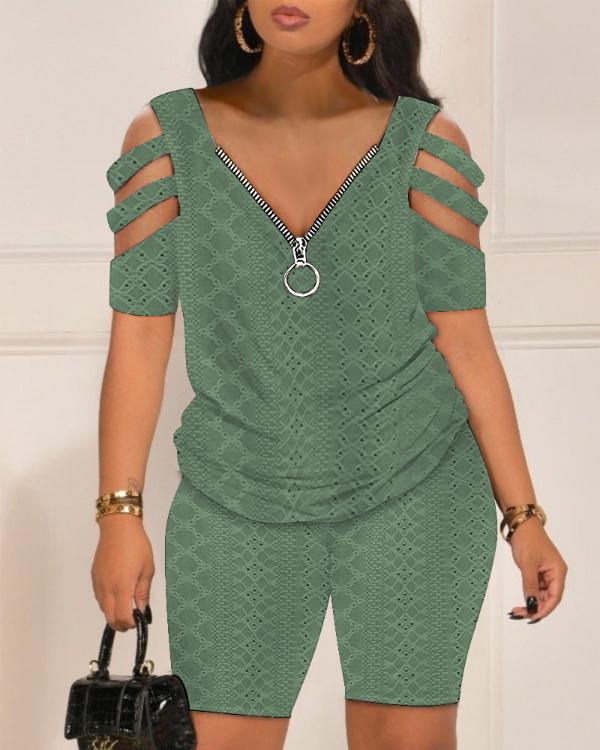Eyelet Embroidery Cold Shoulder Top & Shorts Set
