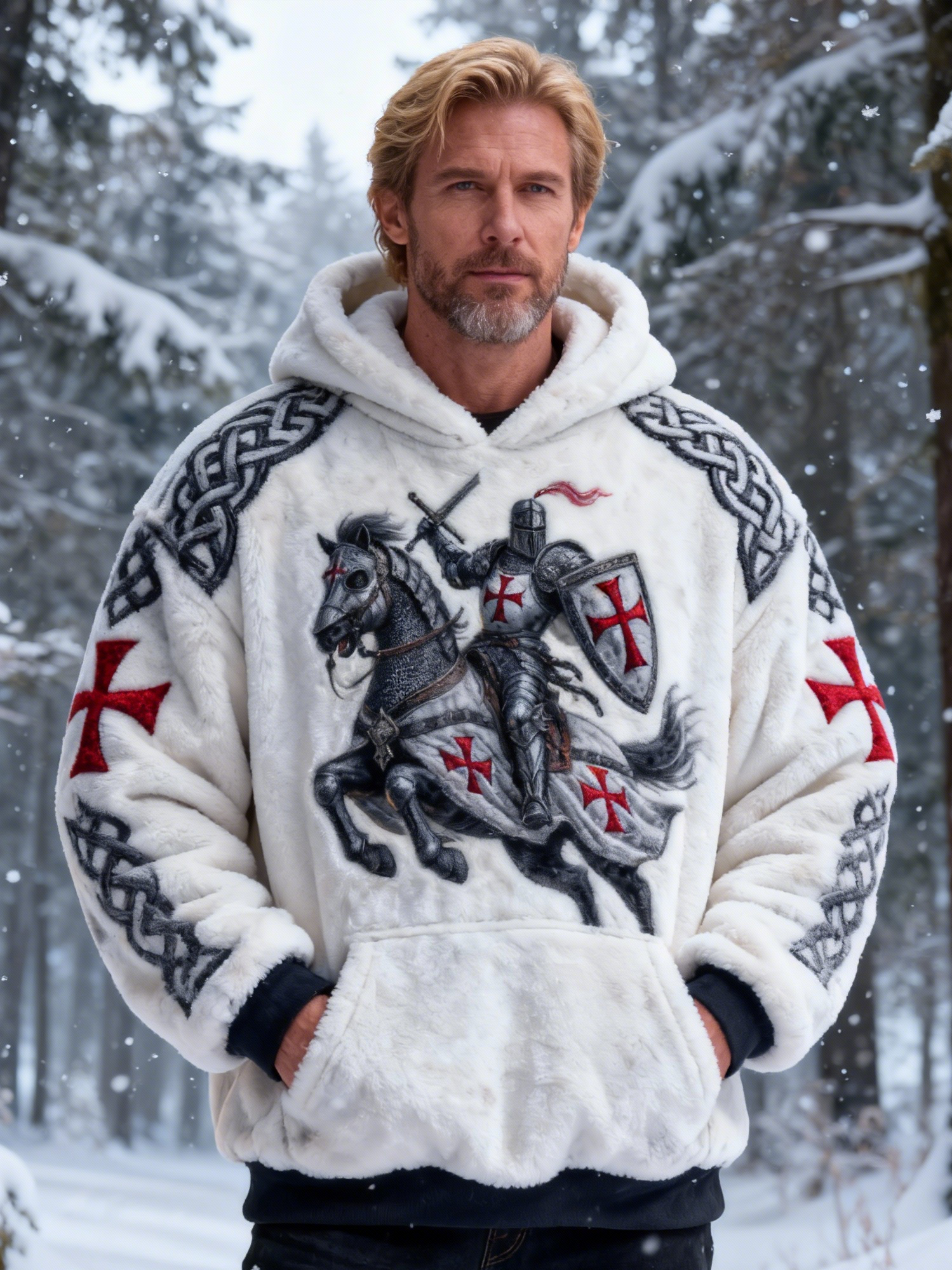 Men's White Fleece Templar Knight Riding Crusader Hoodie