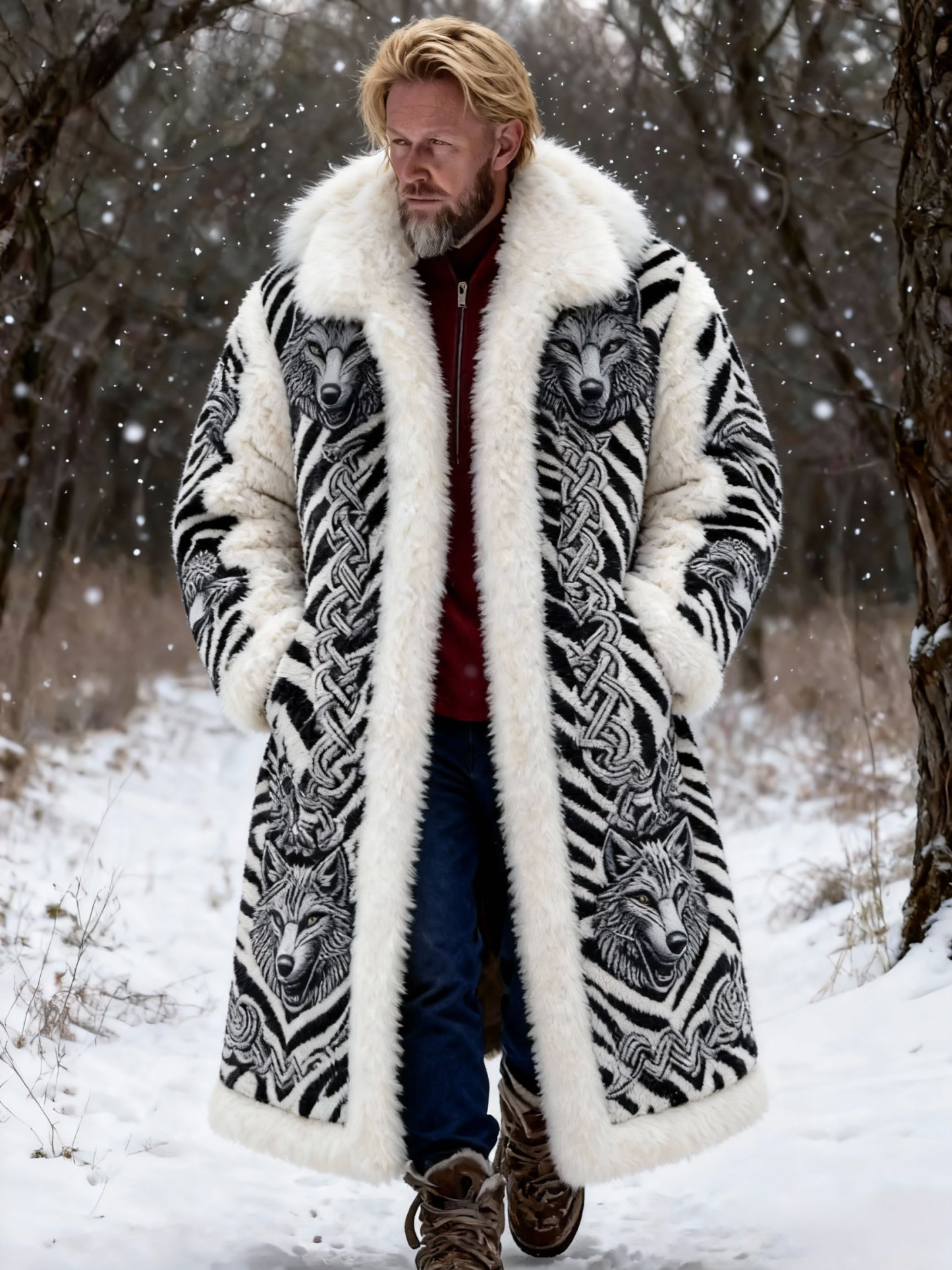 Men's  Luxury Wolf Head Zebra Stripe Plush Long Coat