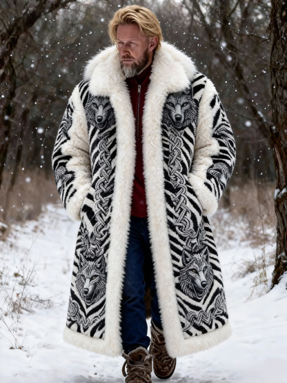 Men's  Luxury Wolf Head Zebra Stripe Plush Long Coat