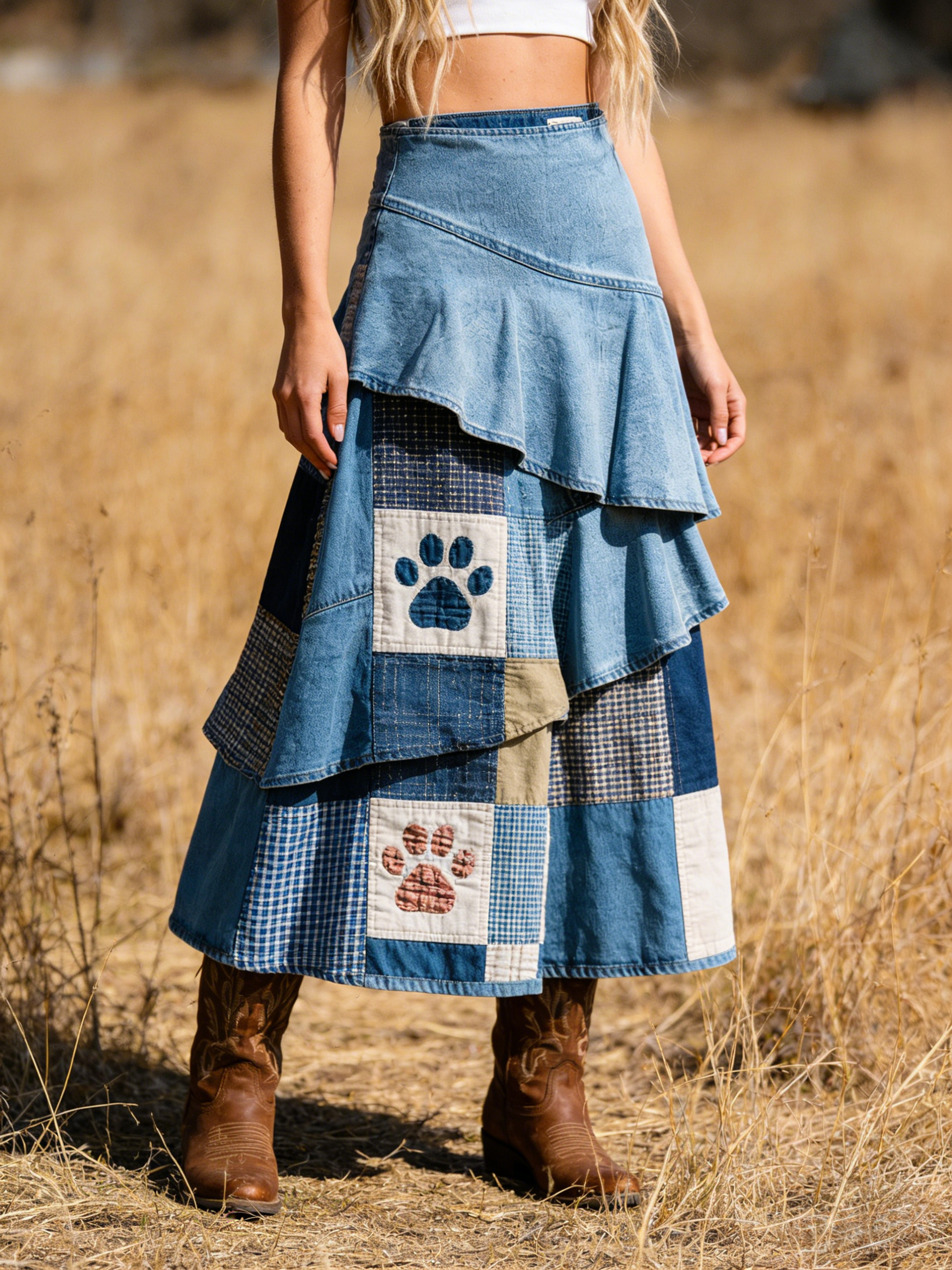 Layered Ruffle Paw Print Patchwork Denim Maxi Skirt