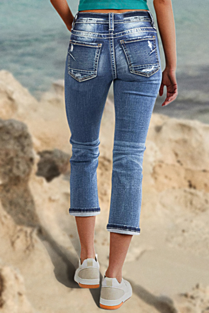 Ripped Zip Fly Mid Waist Capris Jeans