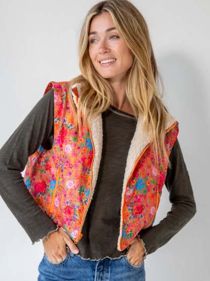 Reversible Sherpa Vest - Coral Ditsy Floral