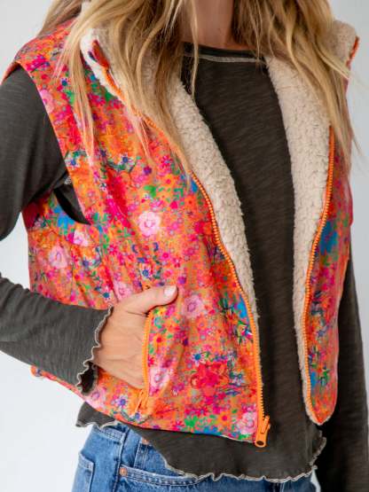 Reversible Sherpa Vest - Coral Ditsy Floral