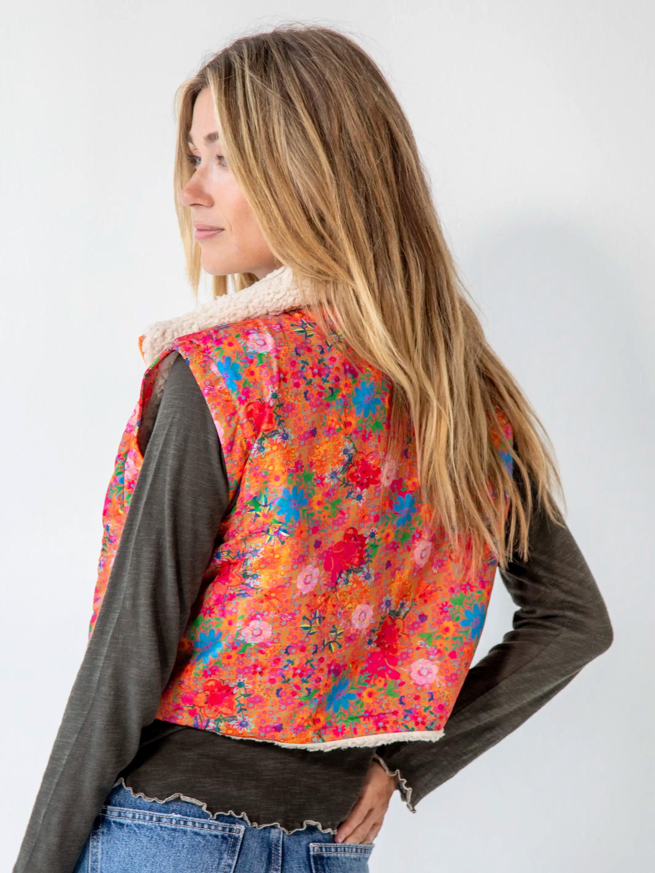 Reversible Sherpa Vest - Coral Ditsy Floral