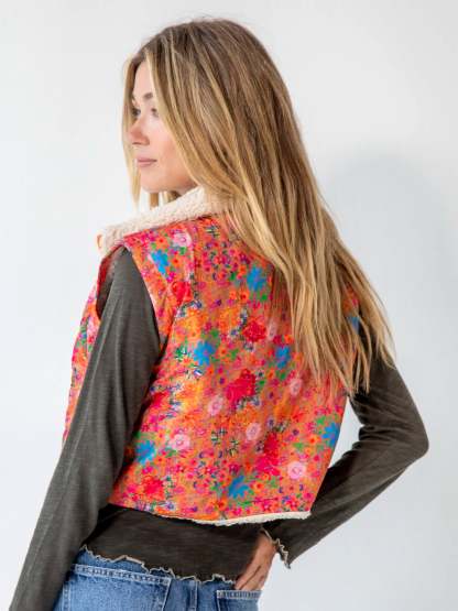 Reversible Sherpa Vest - Coral Ditsy Floral