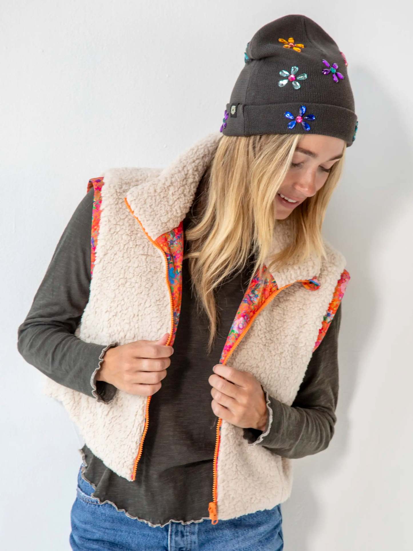 Reversible Sherpa Vest - Coral Ditsy Floral