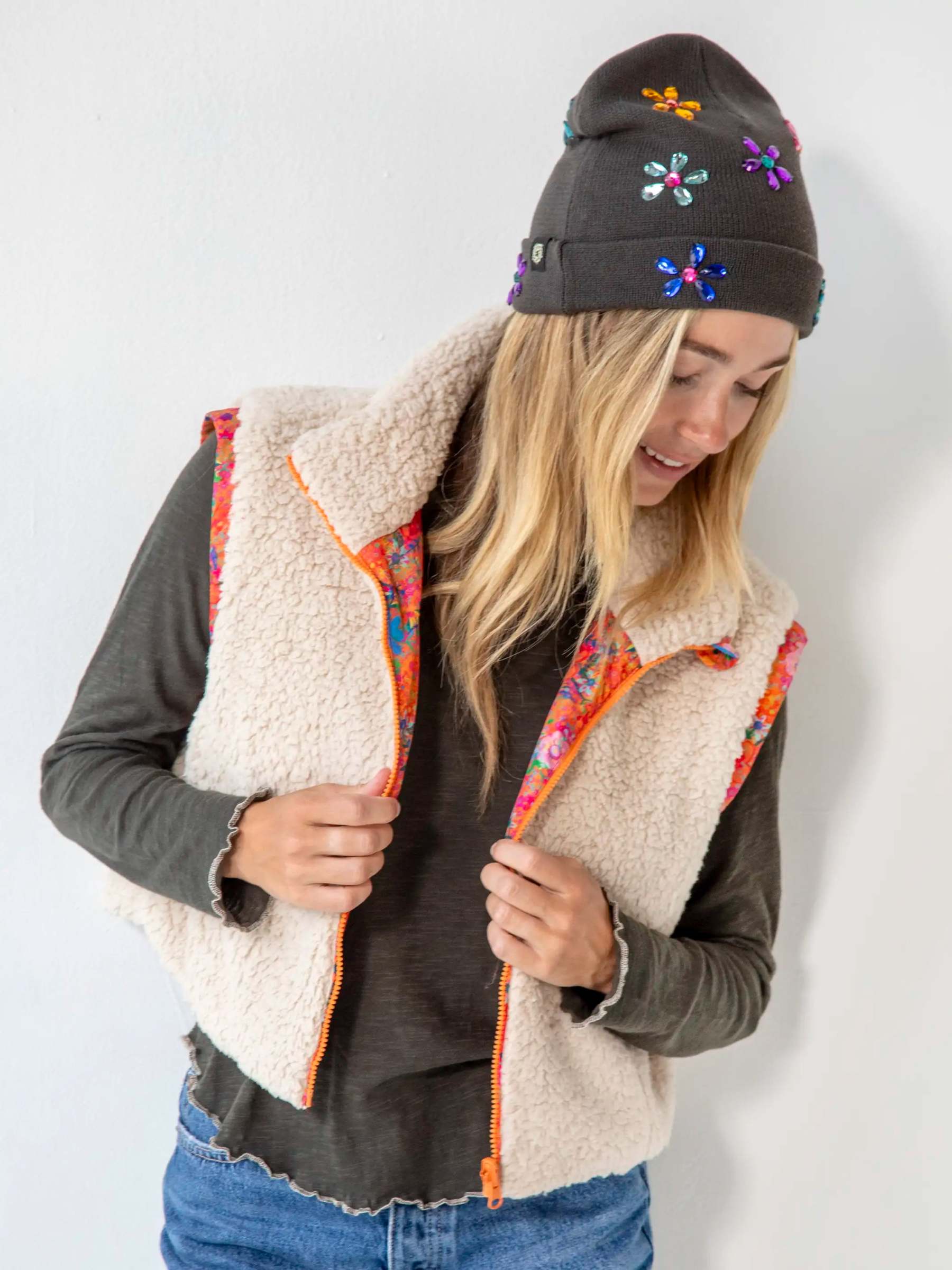 Reversible Sherpa Vest - Coral Ditsy Floral