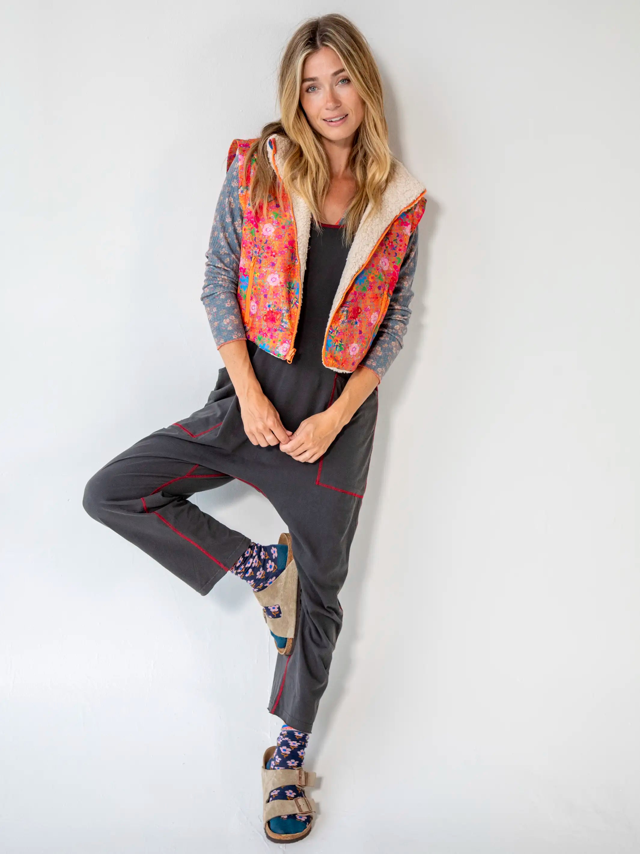 Reversible Sherpa Vest - Coral Ditsy Floral