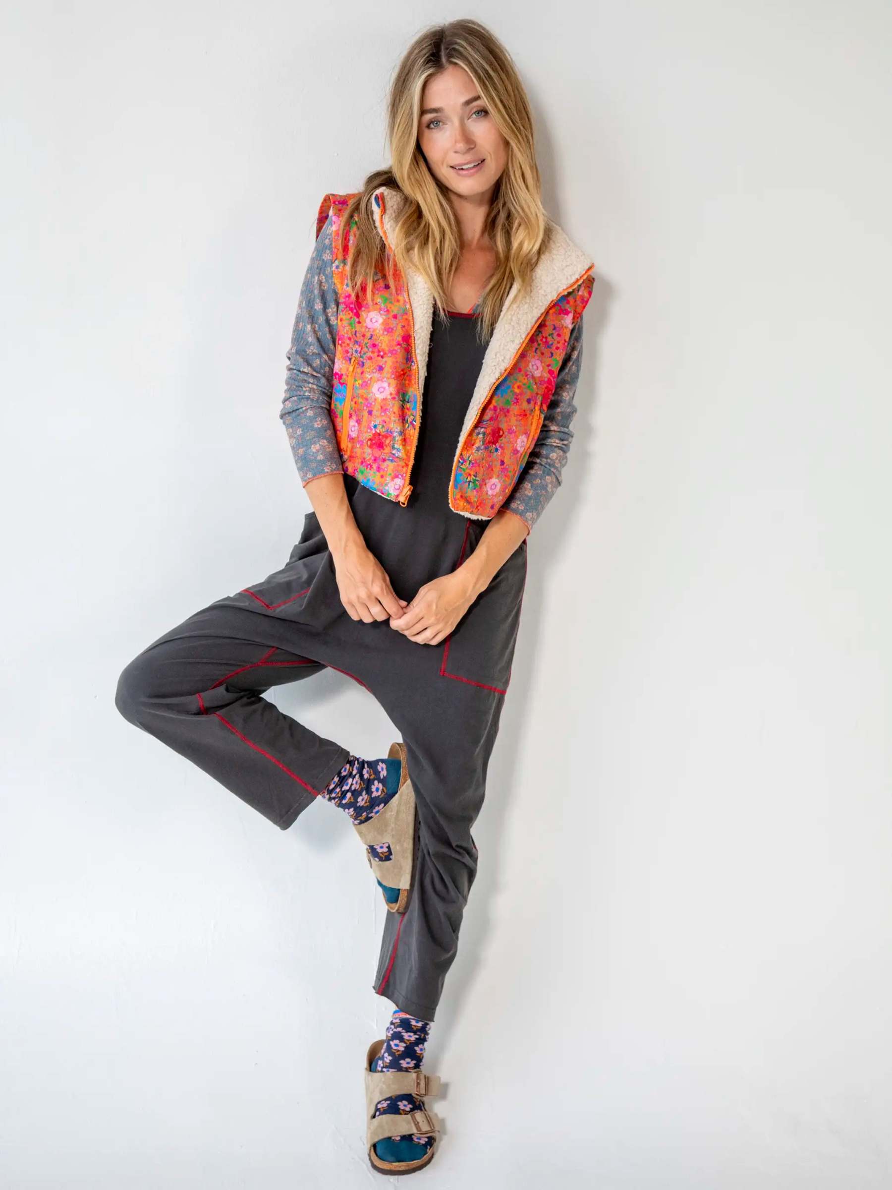 Reversible Sherpa Vest - Coral Ditsy Floral