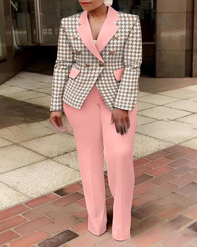 Plus Size Houndstooth Print Double Breasted Blazer Coat & Pants Set