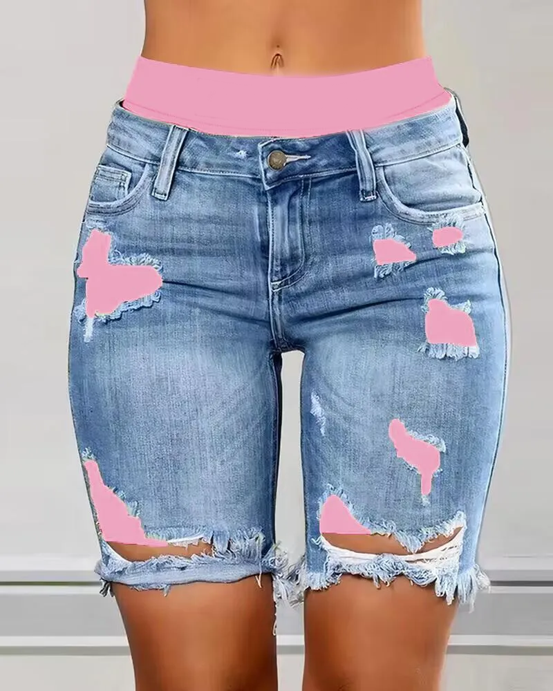 Colorblock Letter Print Ripped 2-In-1 Denim Shorts