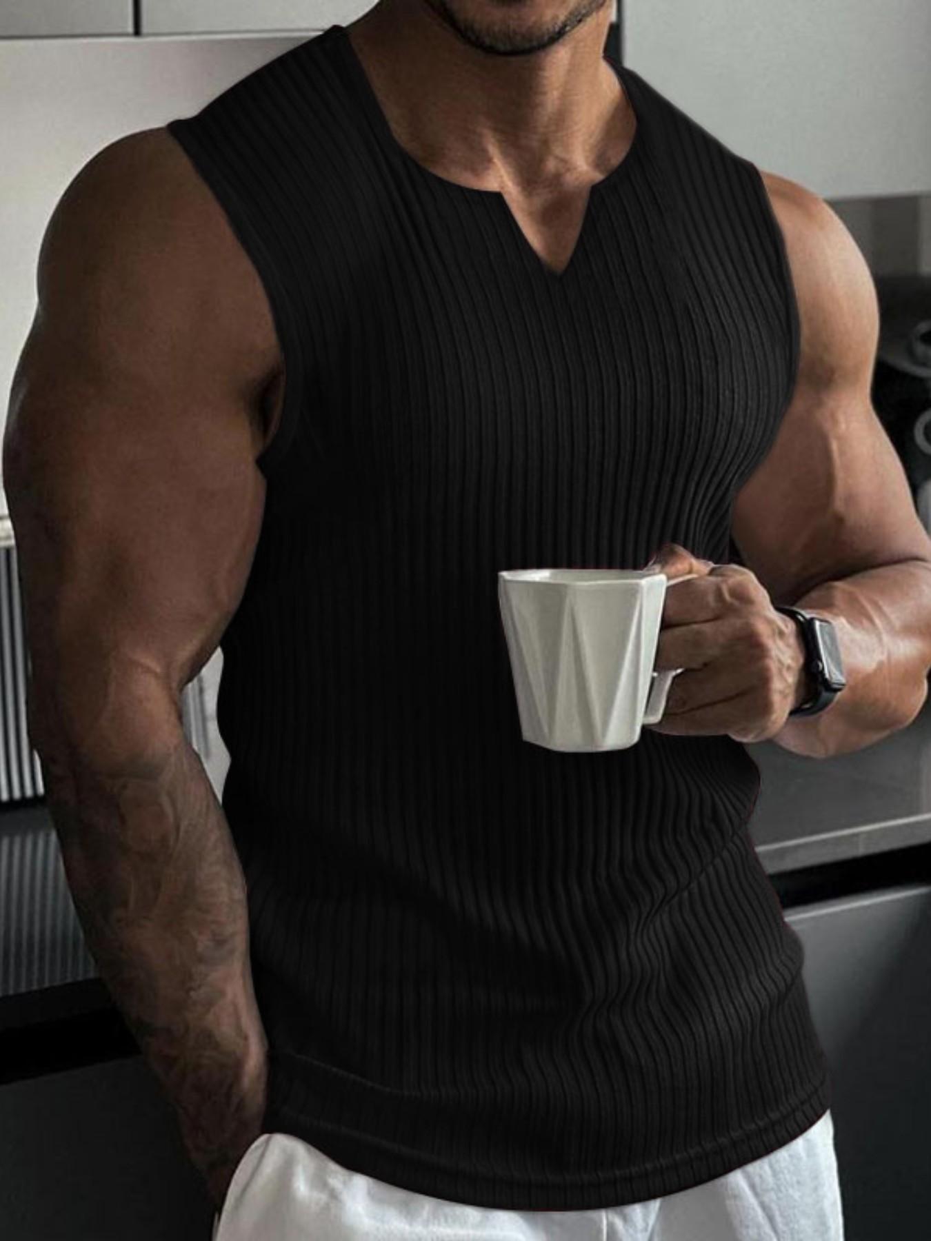 Men's Spring ＆ Summer Outfits Plain V Neck Sleeveless Pullover Vest T-Shirt for Daliy Wear, Gym Wear Ribbed Texture, Casual Sporty Versatile Wear, Must-Have for Men's Wardrobe, Sleeveless Sports Vest, Workout Vest, Fitness Workout Vest