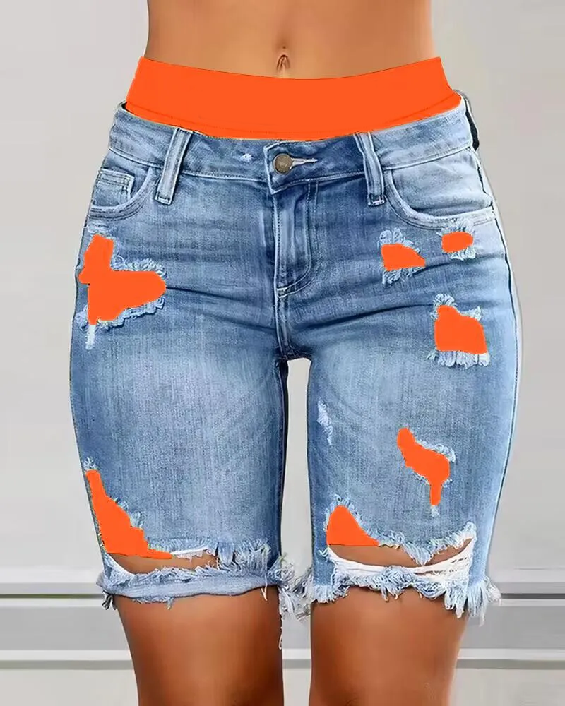 Colorblock Letter Print Ripped 2-In-1 Denim Shorts
