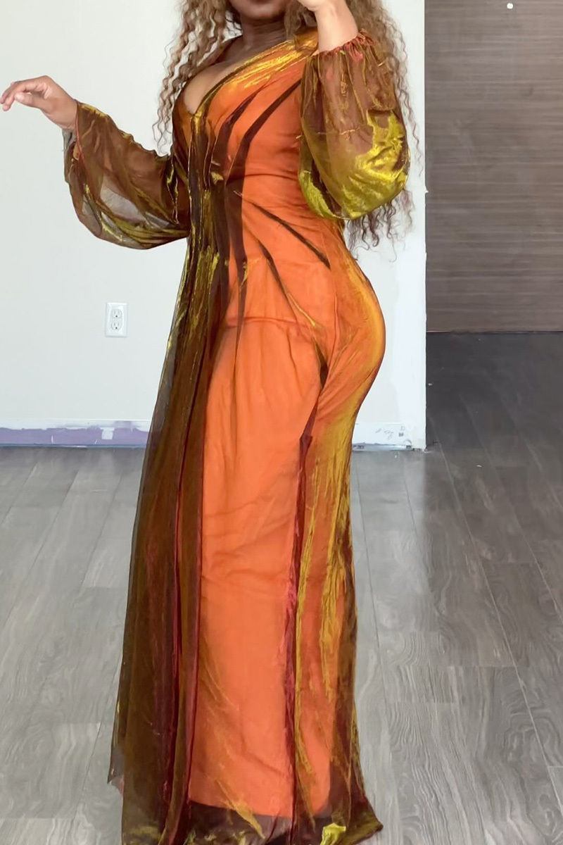 Plus Size Orange Daily Metallic V-neck Fold Maxi Dresses [Pre-Order]