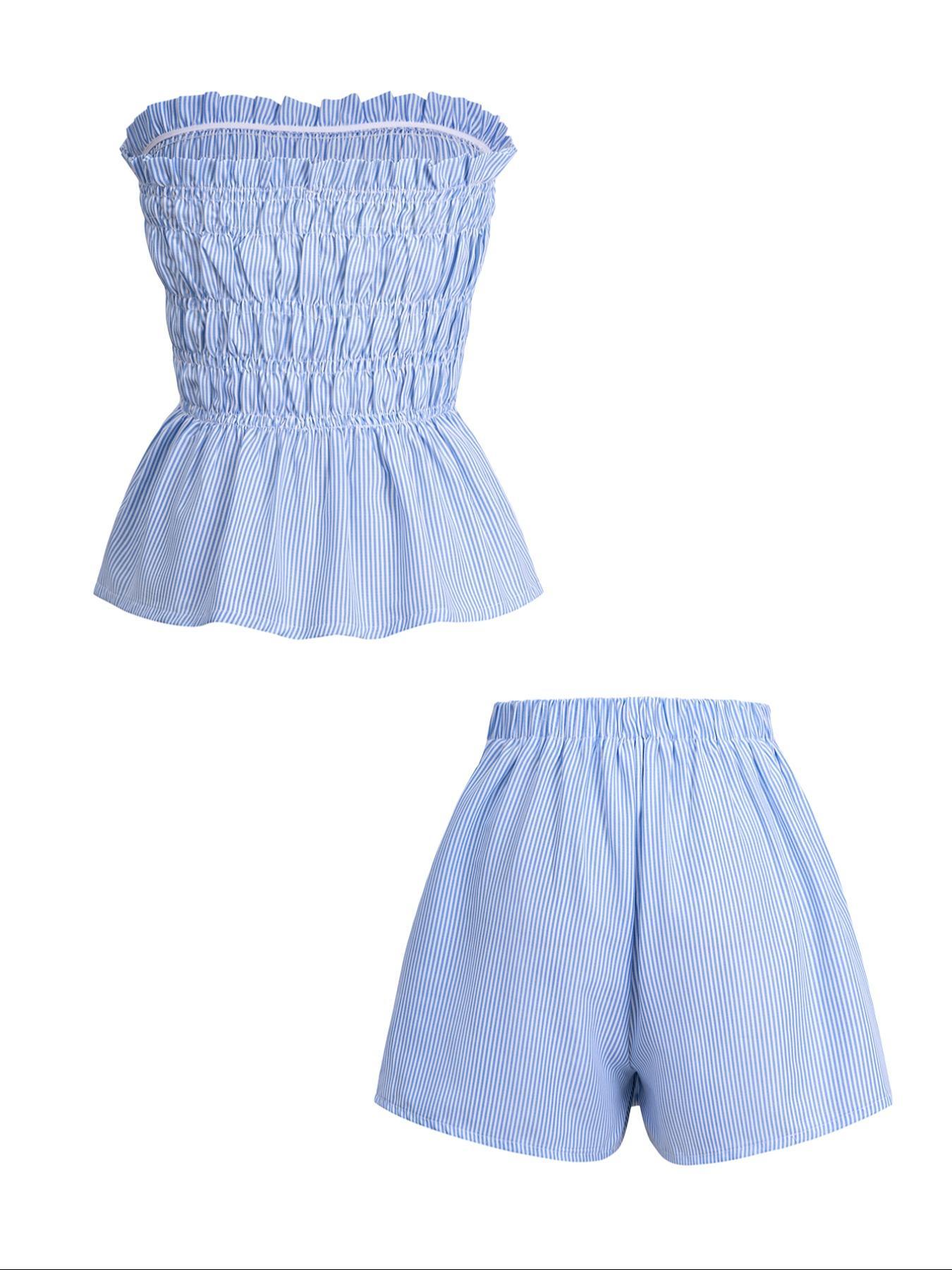Two-piece Set Women's Striped Print Tube Top & Shorts Set, Casual Strapless Top & Shorts for Daily Wear, Ladies Clothes Womenswear for Summer Outfit