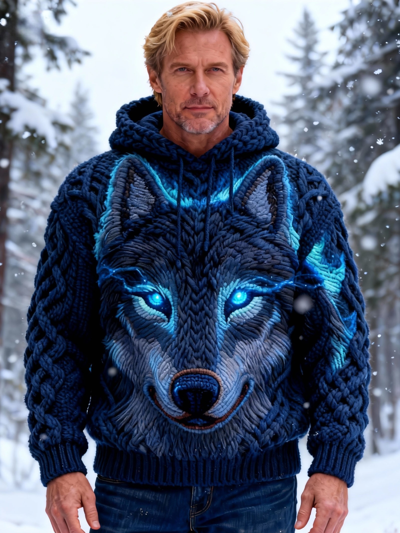 Men's Mystic Glowing Wolf Head Chunky Knit Hooded Sweater