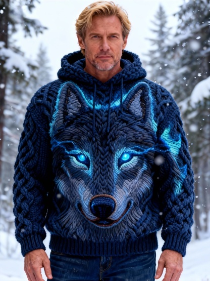 Men's Mystic Glowing Wolf Head Chunky Knit Hooded Sweater