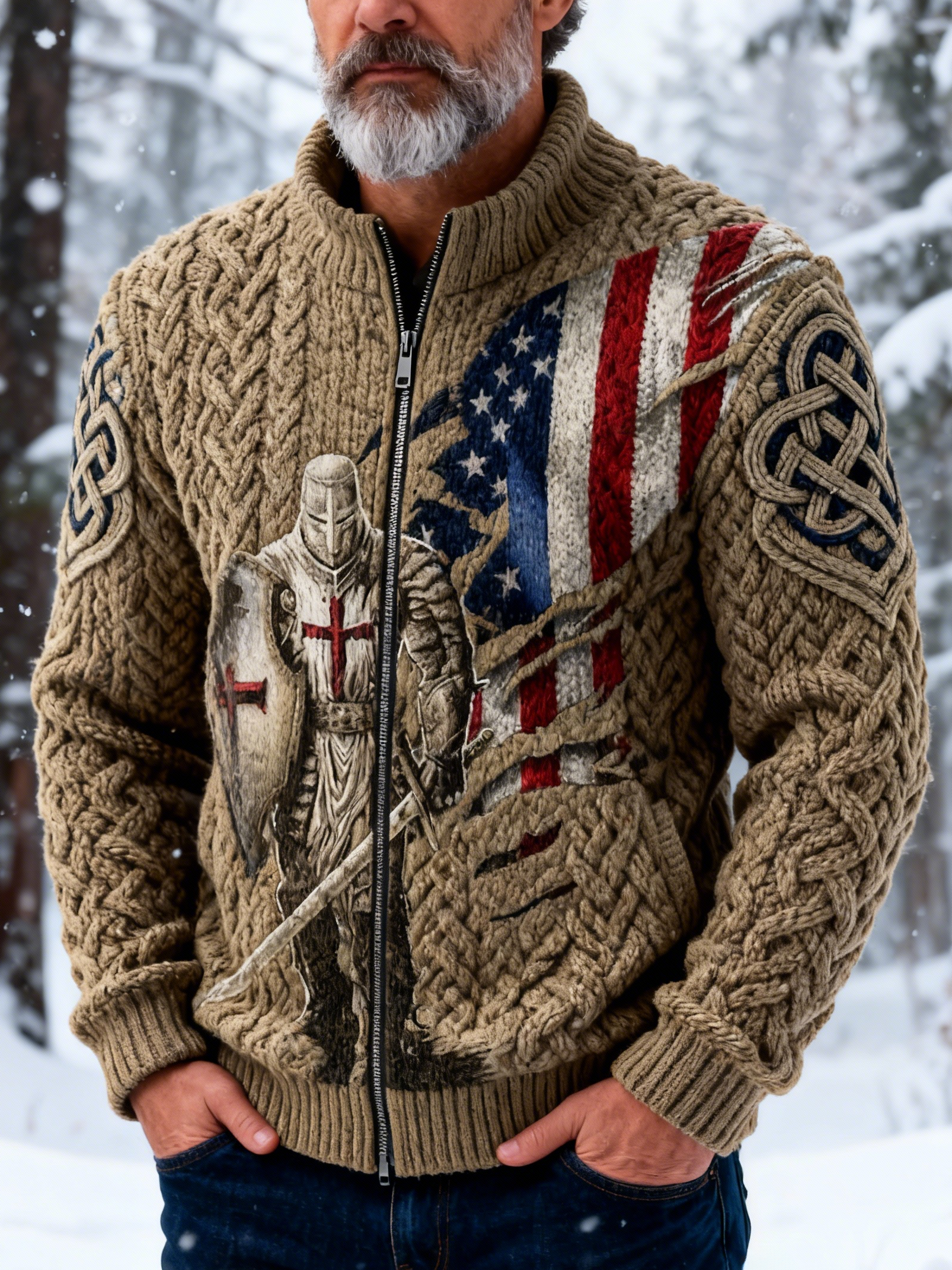 Men's Vintage Crusader Templar American Flag Chunky Knit Sweater Jacket
