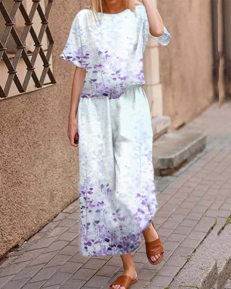 Casual Short Sleeve Floral Print Suit