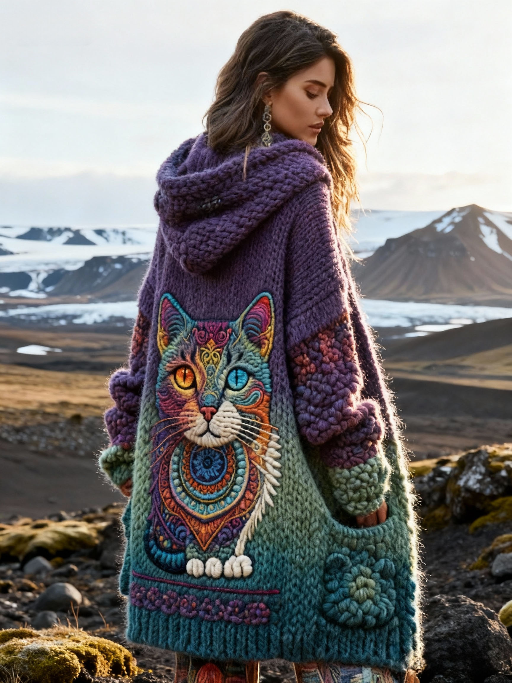 Women's Ethnic Style Artistic Cat Embroidered Knitted Hooded Sweater Cardigan