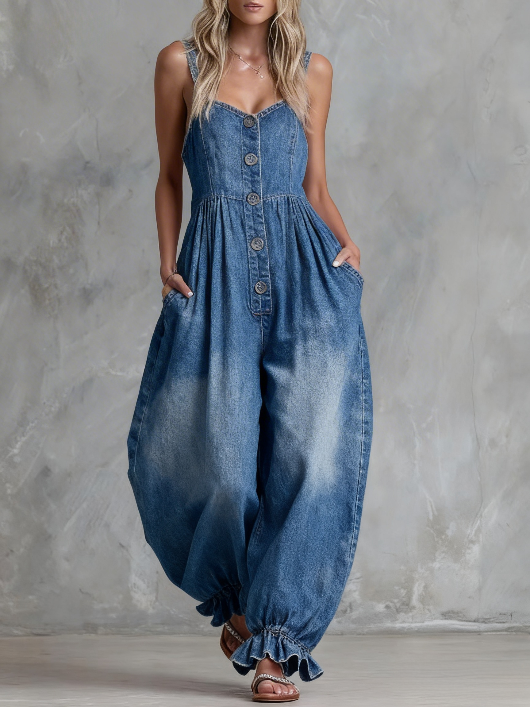 Heart-Neck Balloon Leg  Ruffled Ankles Denim Jumpsuit